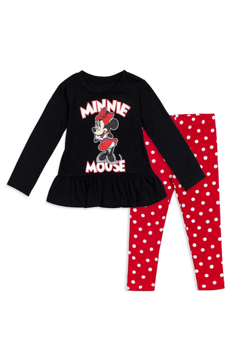 Disney Long Sleeve T-Shirt & Leggings Set, Main, color, Black / Red Polka Dots Peplum