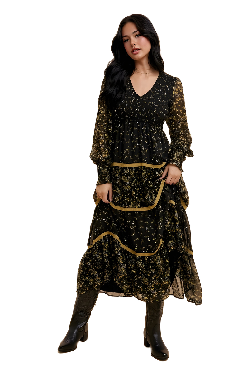 Knit and Lounge Floral Tiered Long Sleeve Midi Dress With Contrast Trim, Alternate, color, Black / Gold