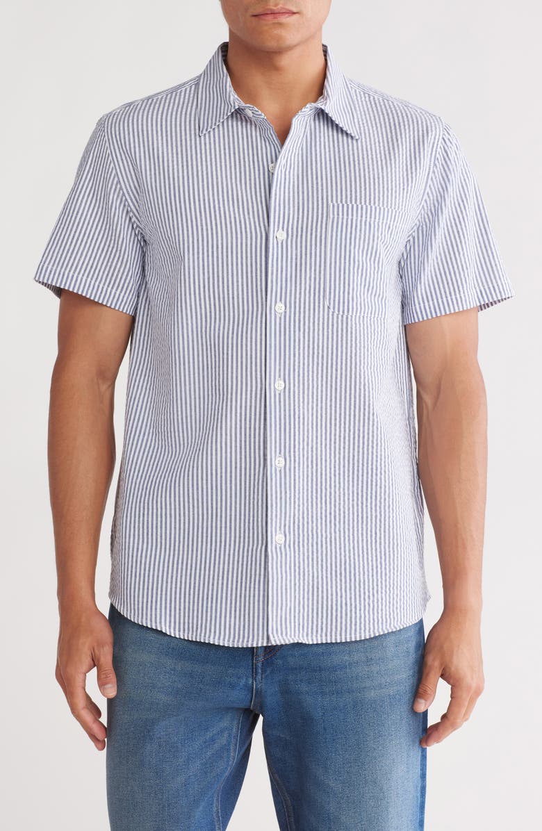 Joe's Stripe Cotton Seersucker Short Sleeve Button-Up Shirt, Main, color, Sailor/ White