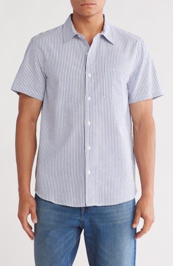 Joe's Stripe Cotton Seersucker Short Sleeve Button-up Shirt In Blue