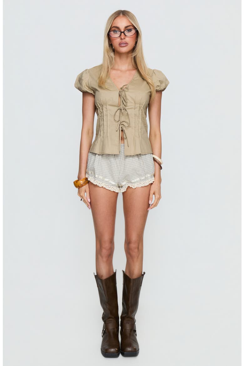 Rhubarb Gingham Lace-Trimmed Shorts, Alternate, color, BEIGE