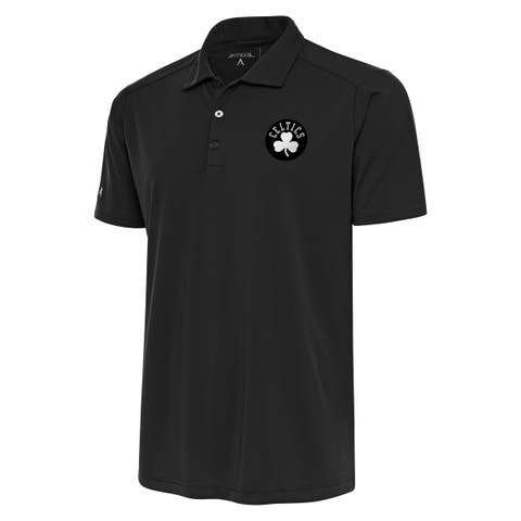 Men's Antigua Gray Boston Celtics Metallic Logo Tribute Desert Dry Polo
