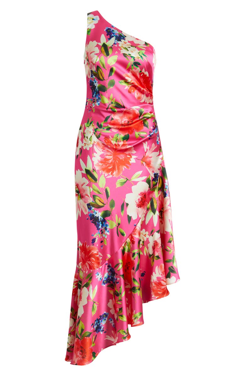 Eliza J One Shoulder Floral Asymmetric Satin Cocktail Dress, Alternate, color, Hot Pink