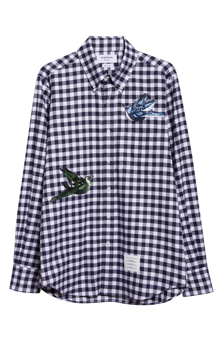 Thom Browne Bird Appliqué Gingham Straight Fit Cotton Flannel Button-Down Shirt, Alternate, color, Navy