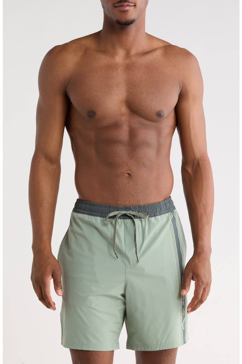 Trade Logo Stripe Volley Swim Shorts, Main, color, LILY PAD