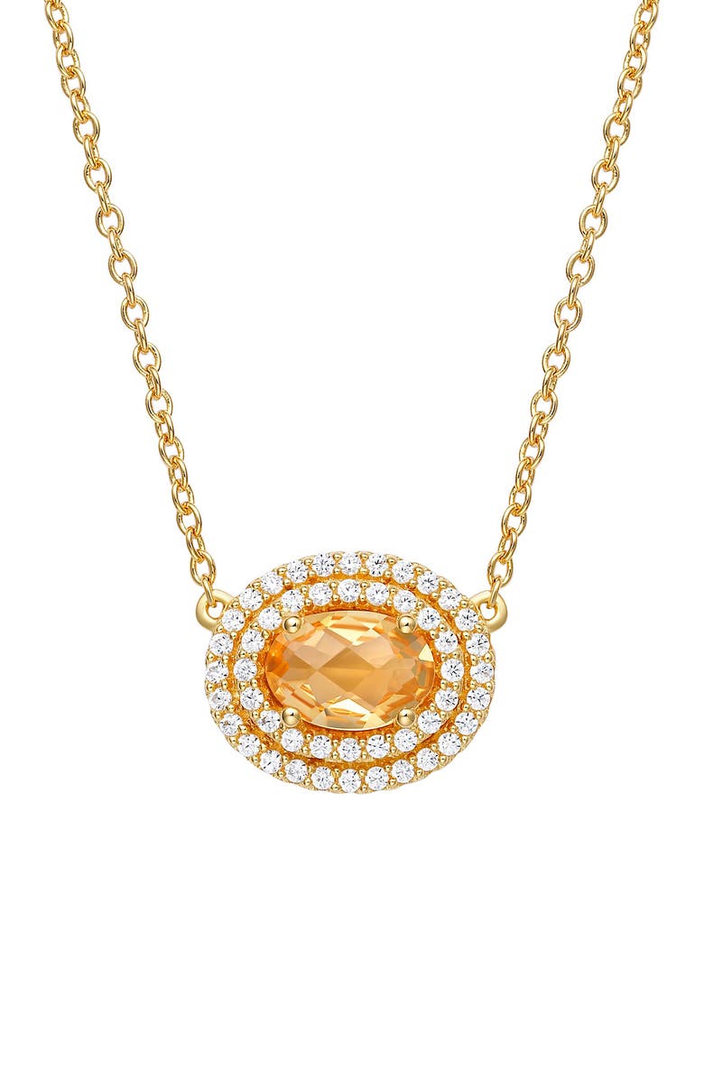 Lafonn Platinum Bonded Sterling Silver Citrine & Simulated Diamond Halo Oval Pendant Necklace, Main, color, 