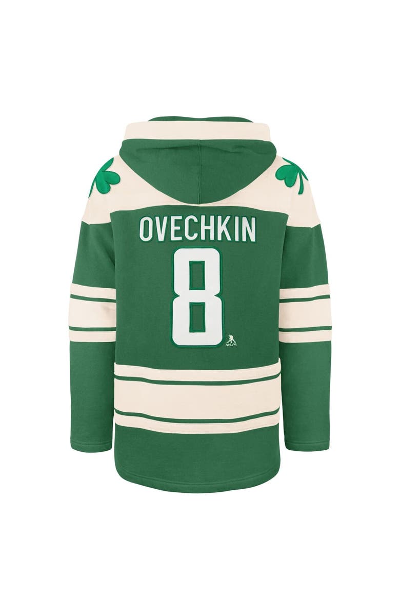 Men's '47 Alexander Ovechkin Kelly Green Washington Capitals St. Patrick's Day Player Name & Number Lacer Pullover Hoodie, Alternate, color, Kelly Green