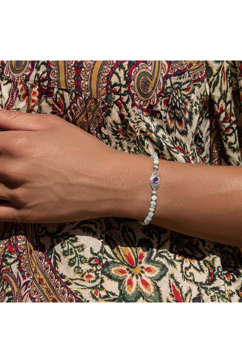 Jade Amethyst Sterling Silver Evil Eye Charm Women's Beaded Bracelet - Prosperity Magnet, Alternate, color, Green/purple/silver
