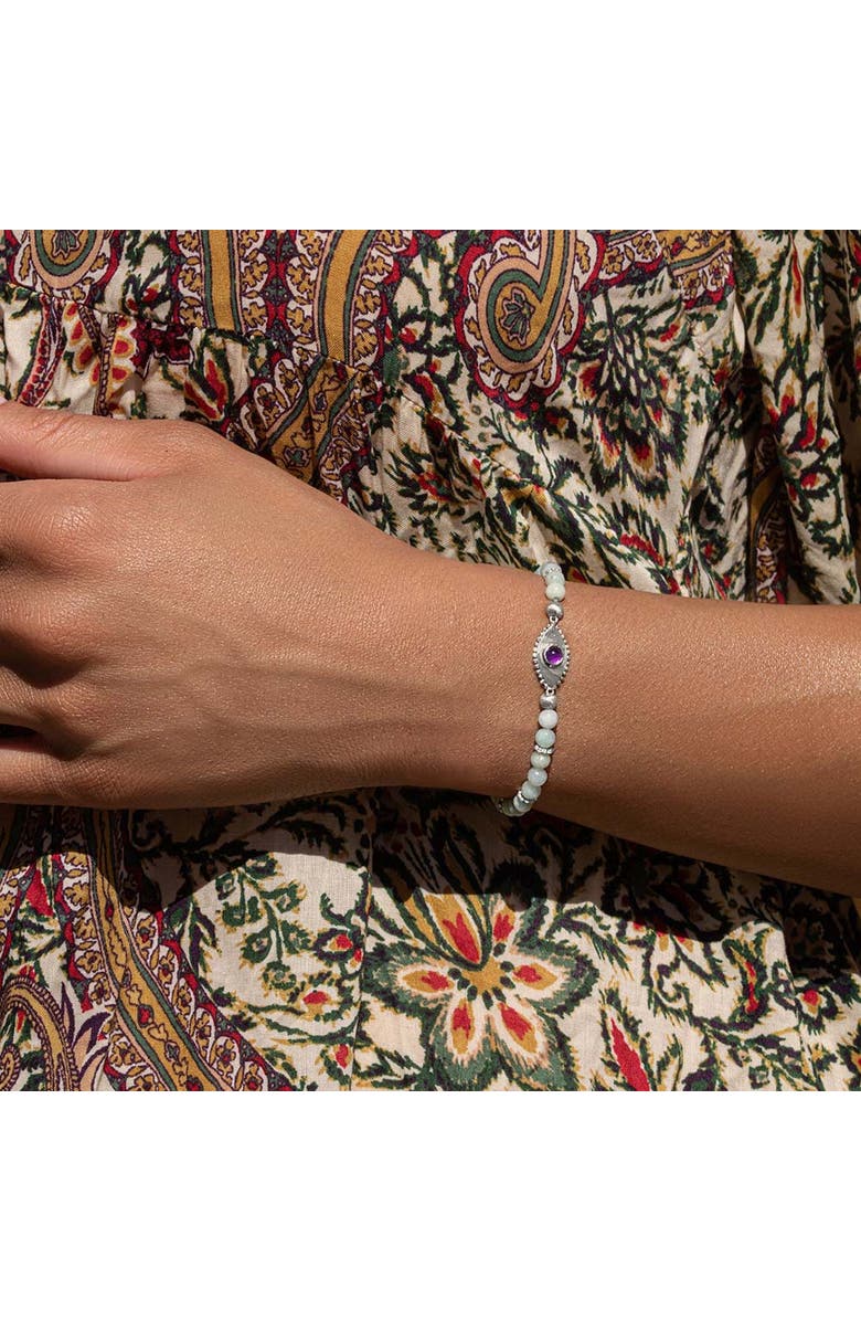 Karma and Luck Jade Amethyst Sterling Silver Evil Eye Charm Beaded Bracelet Prosperity Magnet, Alternate, color, Green/Purple/Silver