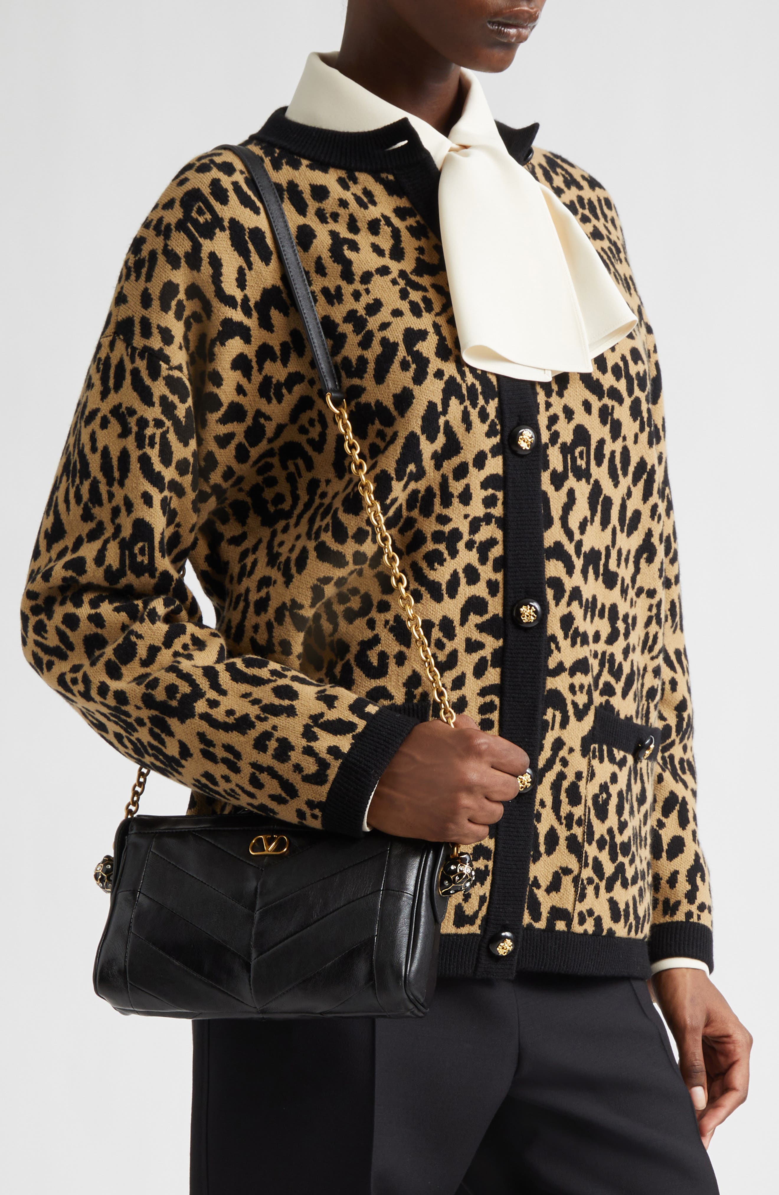 Valentino Garavani Small Panthea Chevron Patchwork Leather Shoulder Bag, Alternate, color, Black