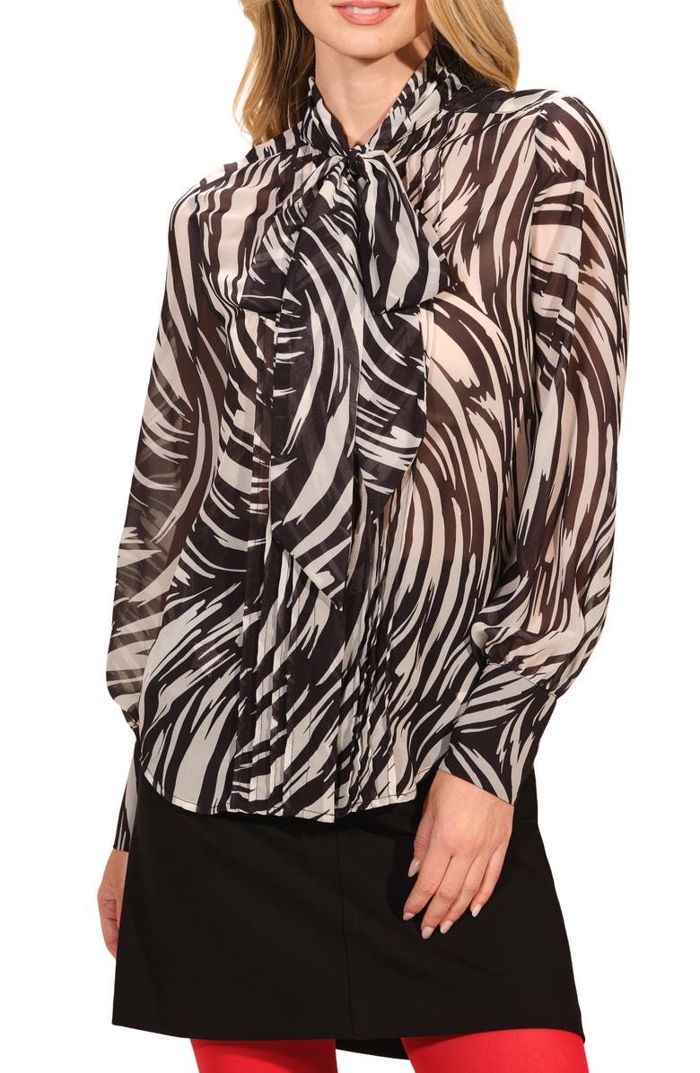 Isaac Mizrahi New York Tie Neck Button-Up Shirt, Main, color, Black/ White