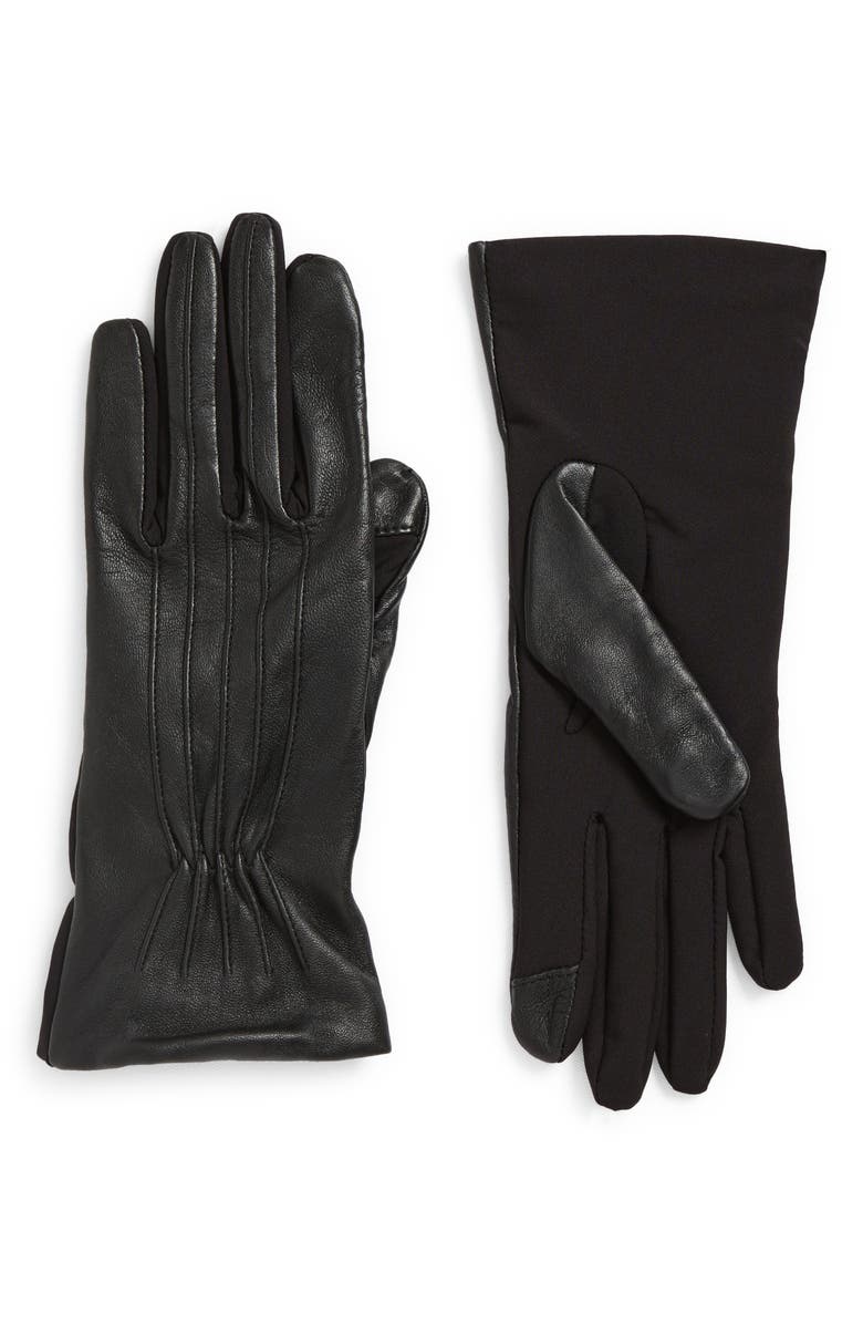 Cole Haan Leather Stretch Mixed Media Gloves, Main, color, Caviar