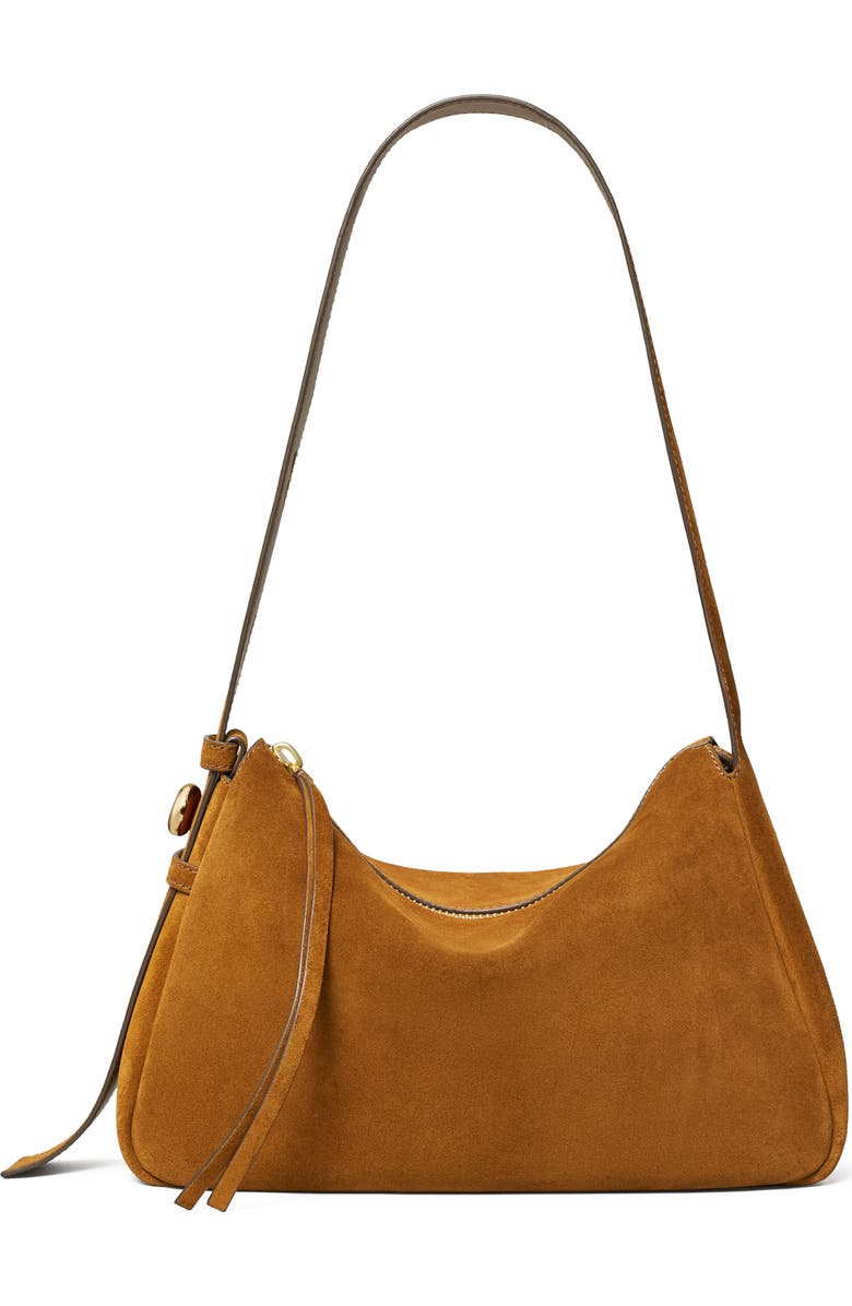 Tory Burch Romy Suede Shoulder Bag, Main, color, Caramel