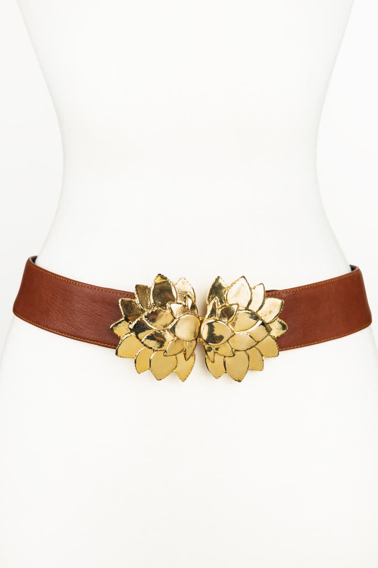 Floral Buckle Leather Belt, Main, color, Cognac