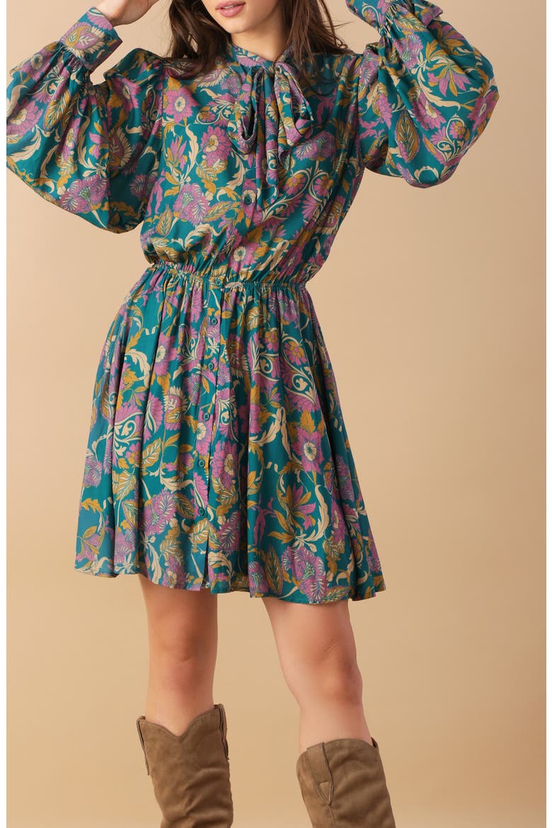Tie Neck Long Sleeve Minidress, Alternate, color, TEAL