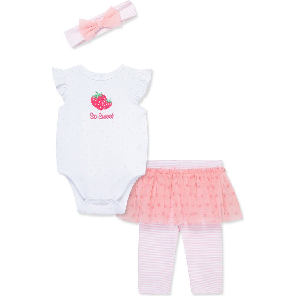Shop Little Me Strawberry Bodysuit, Skirted Leggings & Headband Set In Pink