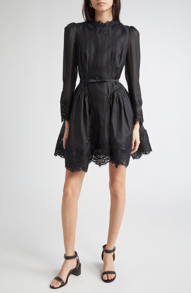 Zimmermann Hypnotic Lace Trim Long Sleeve Belted Linen & Silk Minidress, Main, color, Black