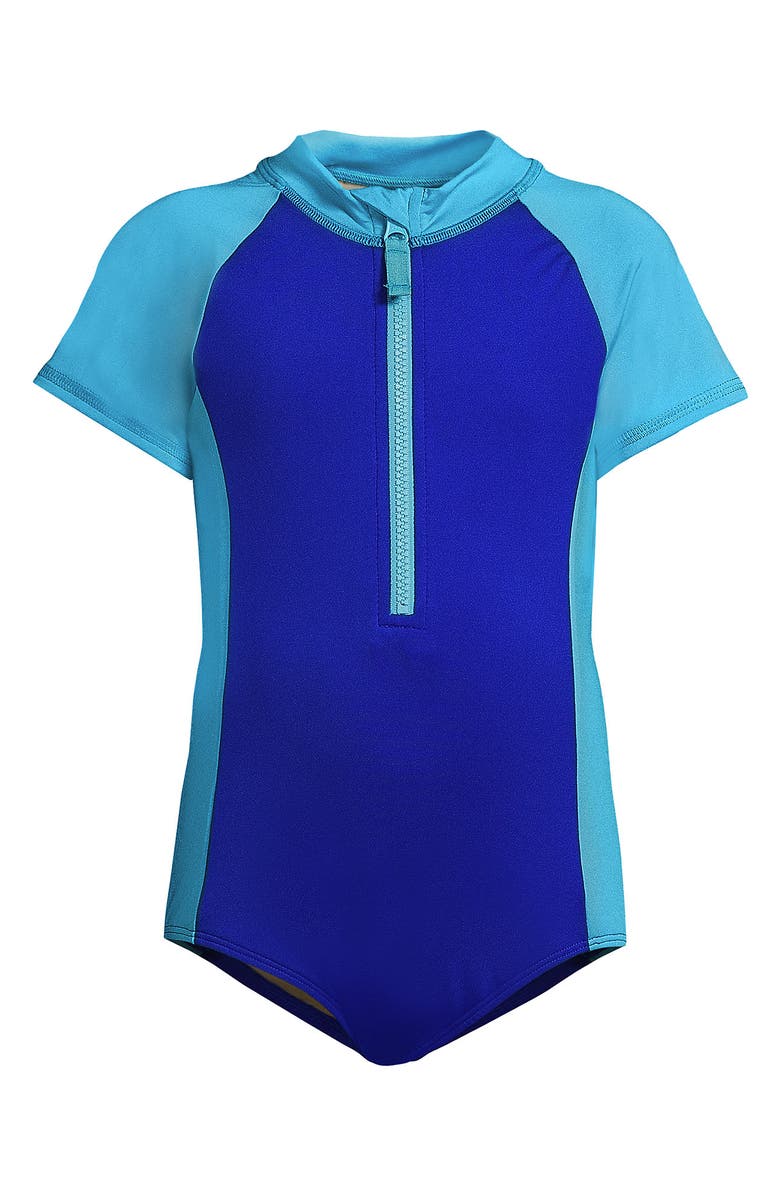 Lands' End Girls Long Sleeve Half Zip One Piece UPF 50 Swimsuit, Alternate, color, Turquoise/Electric Blue