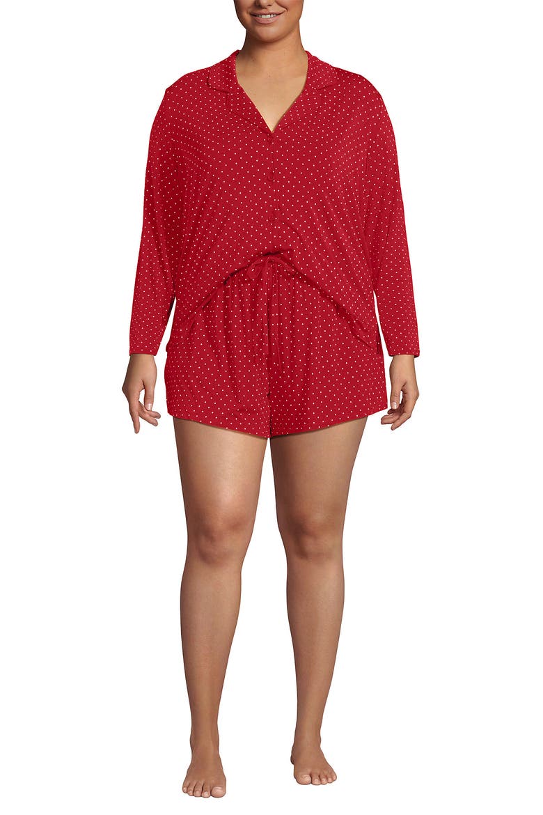 Plus Size Cooling 3 Piece Pajama Set - Long Sleeve Top Cami and Shorts, Alternate, color, Compass Red Pin Dot