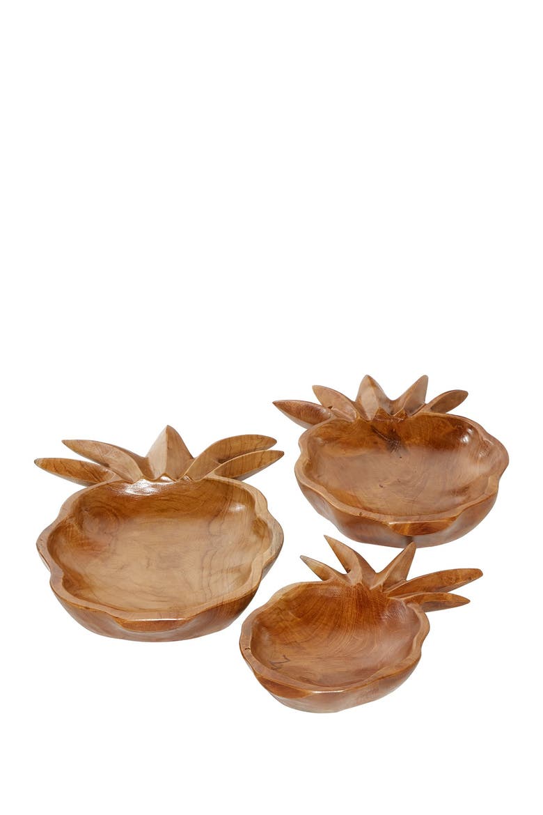 Brown Teakwood Handmade Pineapple Fruit Decorative Bowl - Set of 3, Main, color, BROWN