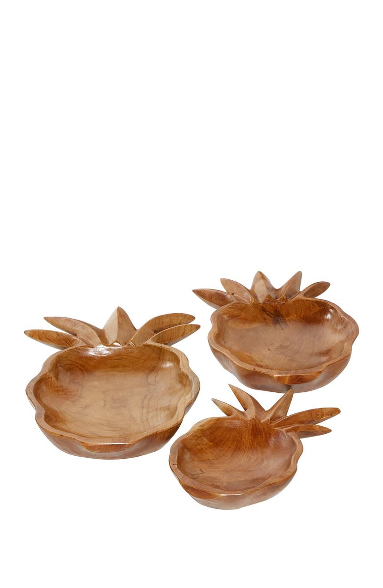 GINGER BIRCH STUDIO Brown Teakwood Handmade Pineapple Fruit Decorative Bowl - Set of 3, Main, color, 