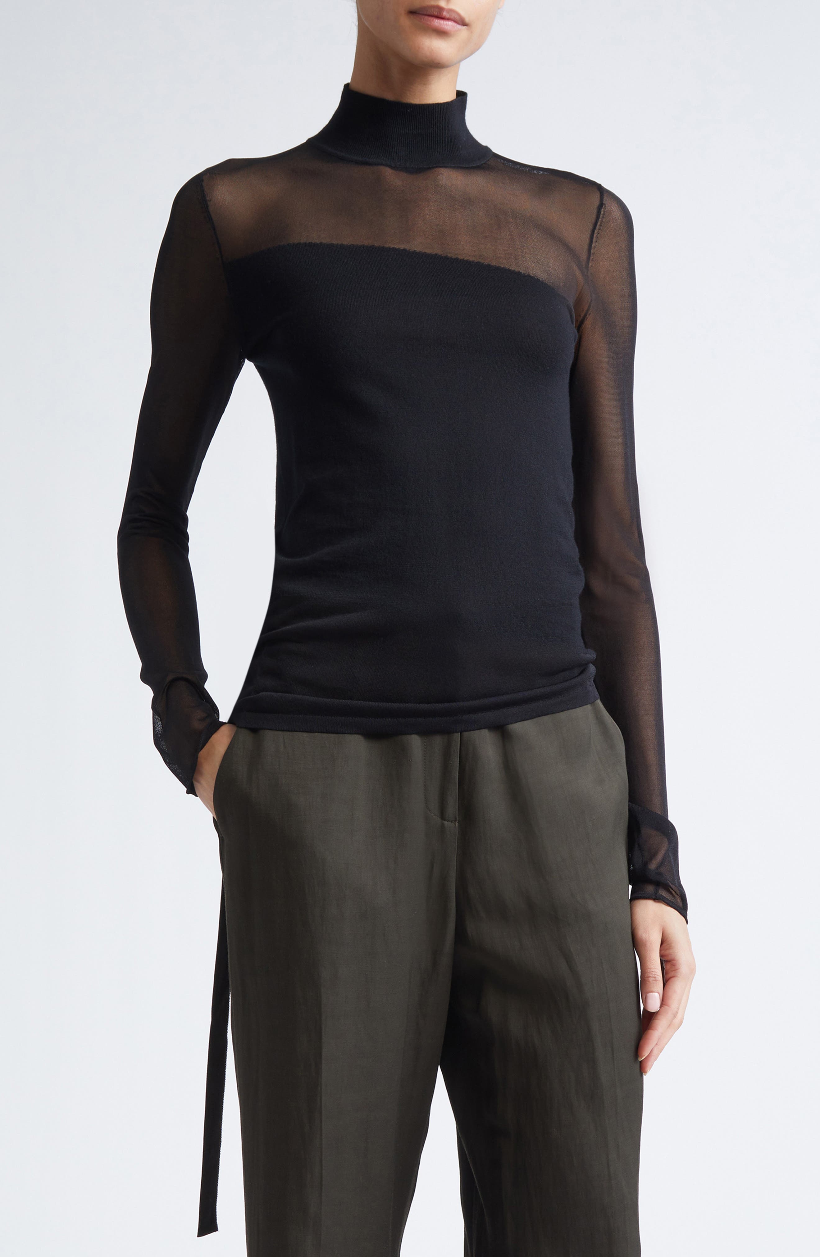 Jason Wu Collection Sheer Inset Merino Wool Turtleneck Sweater In Black