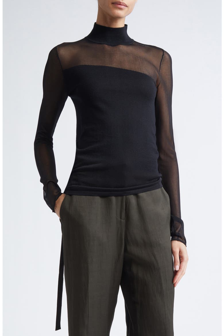 Sheer Inset Merino Wool Turtleneck Sweater, Main, color, BLACK/ BLACK
