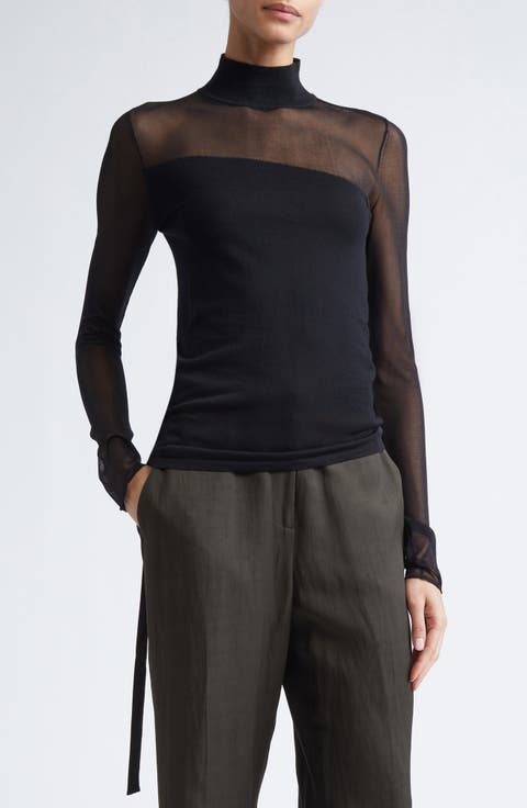 Sheer Inset Merino Wool Turtleneck Sweater