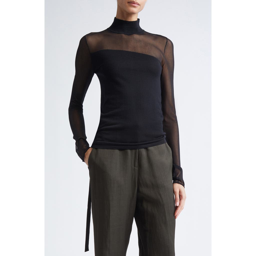 Jason Wu Collection Sheer Inset Merino Wool Turtleneck Sweater In Black