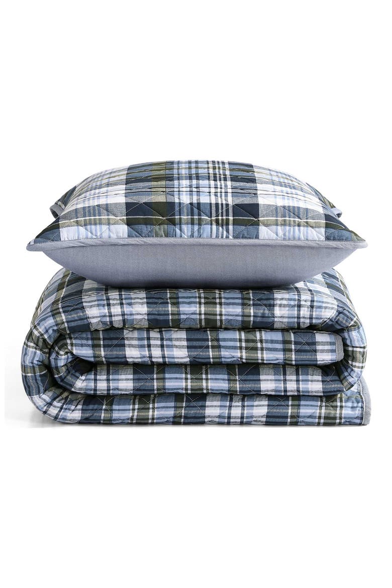 Bleecker Plaid Quilt & Shams Set, Main, color, WHITE/ PALE BLUE/ DARK GREEN