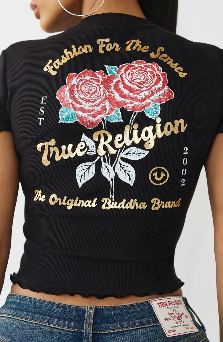 True Religion Rose Lettuce Edge Ribbed Crop T-Shirt, Alternate, color, Jet Black