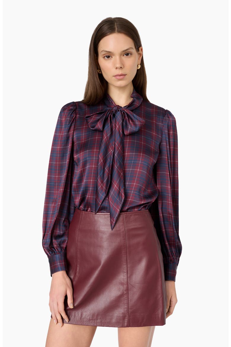 Rema Silk Charmeuse Tie Neck Top, Alternate, color, PLUM PLAID