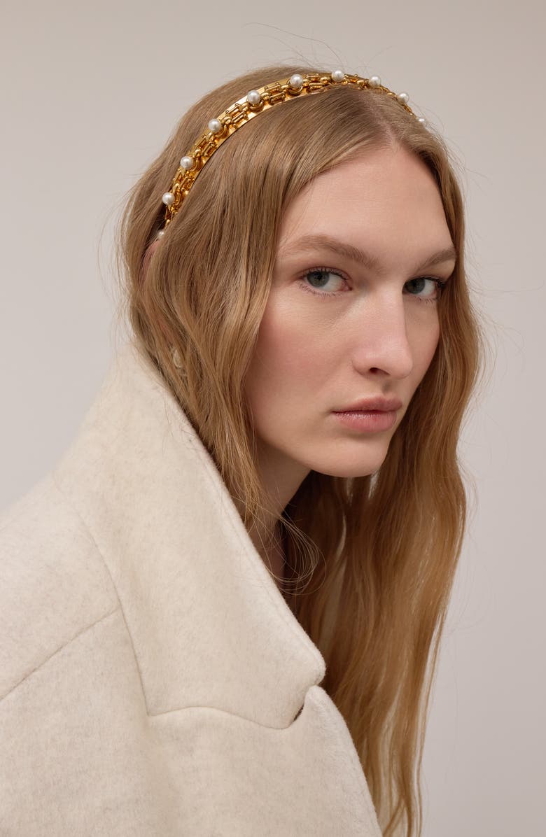 LELET NY Bianka Faux Pearl Crown Headband, Alternate, color, Antique Gold