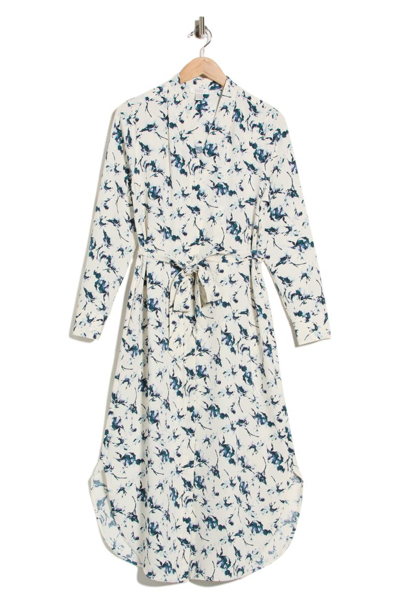 Long Sleeve Shirtdress, Alternate, color, IVORY- TEAL FLEUR ABSTRACT