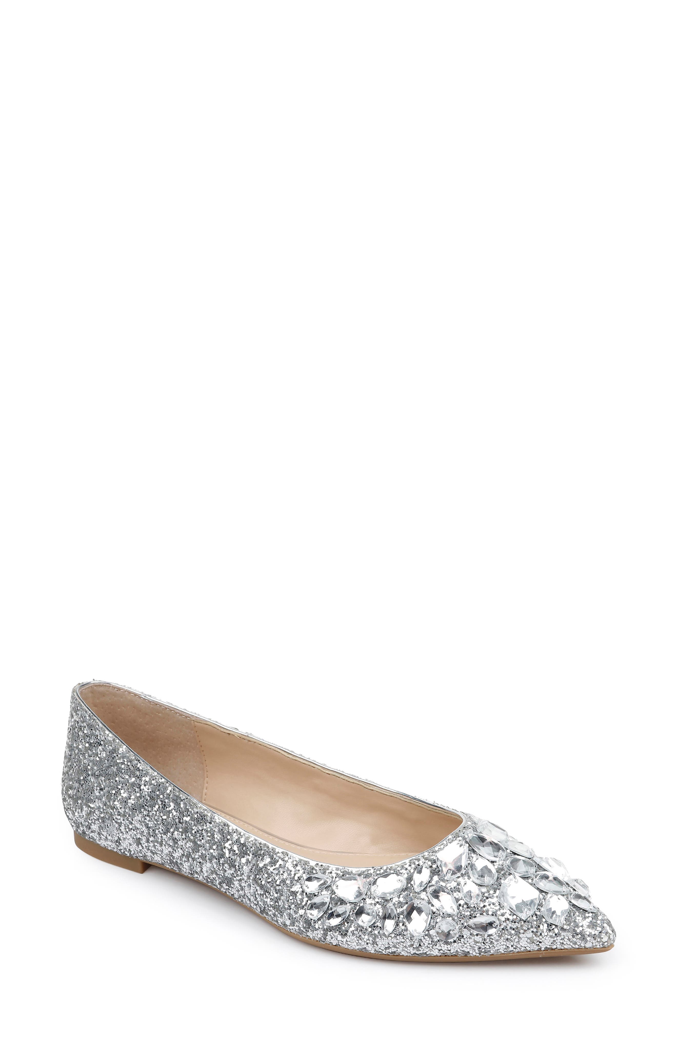 Ulanni Embellished Pointed Toe Glitter Flat, Main, color, SILVER GLITTER