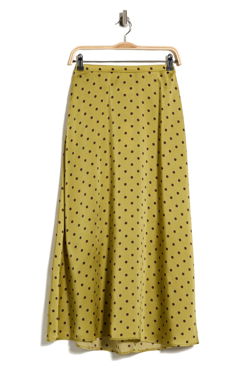 Printed Satin Midi Skirt, Main, color, PISTACHIO BROWN DOT