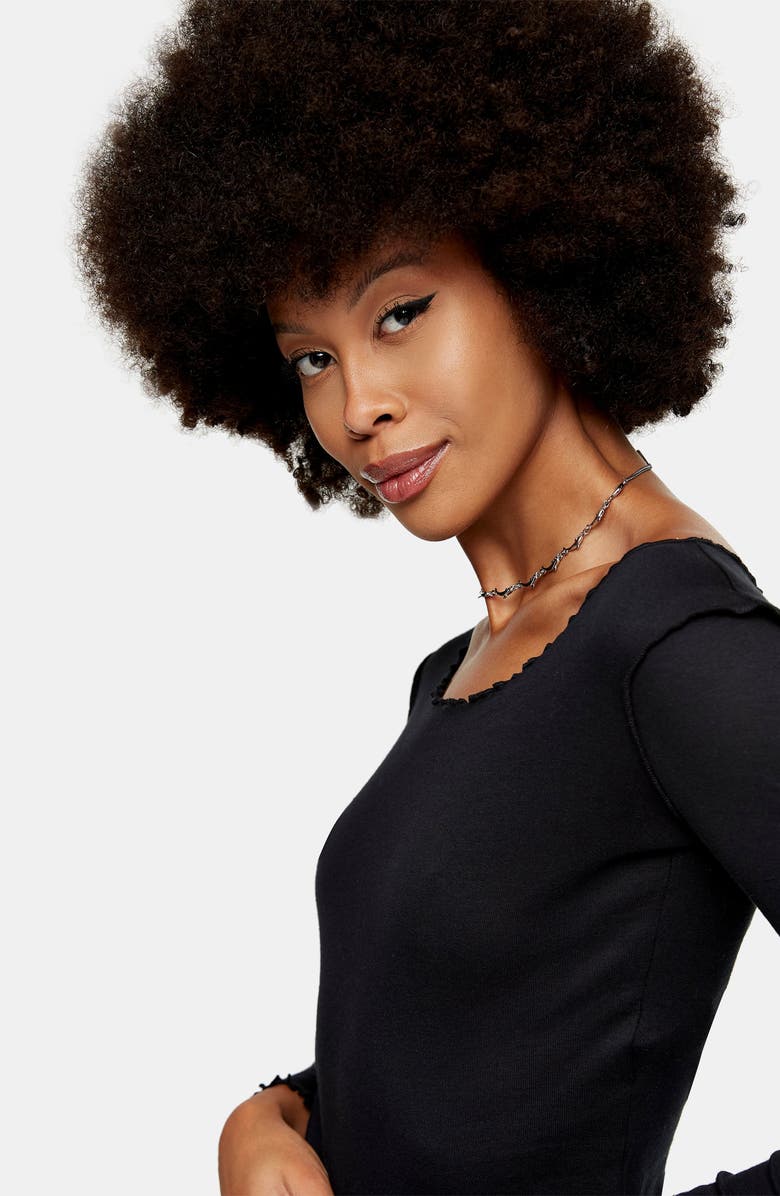 Topshop Lettuce Edge Long Sleeve Cotton Top, Alternate, color,