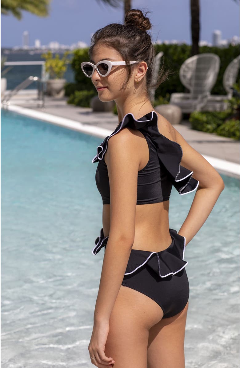 NESSI BYRD One Shoulder Cut-Out Design One Piece Swimsuit, Little Kid-Big Kid, Alternate, color, Black