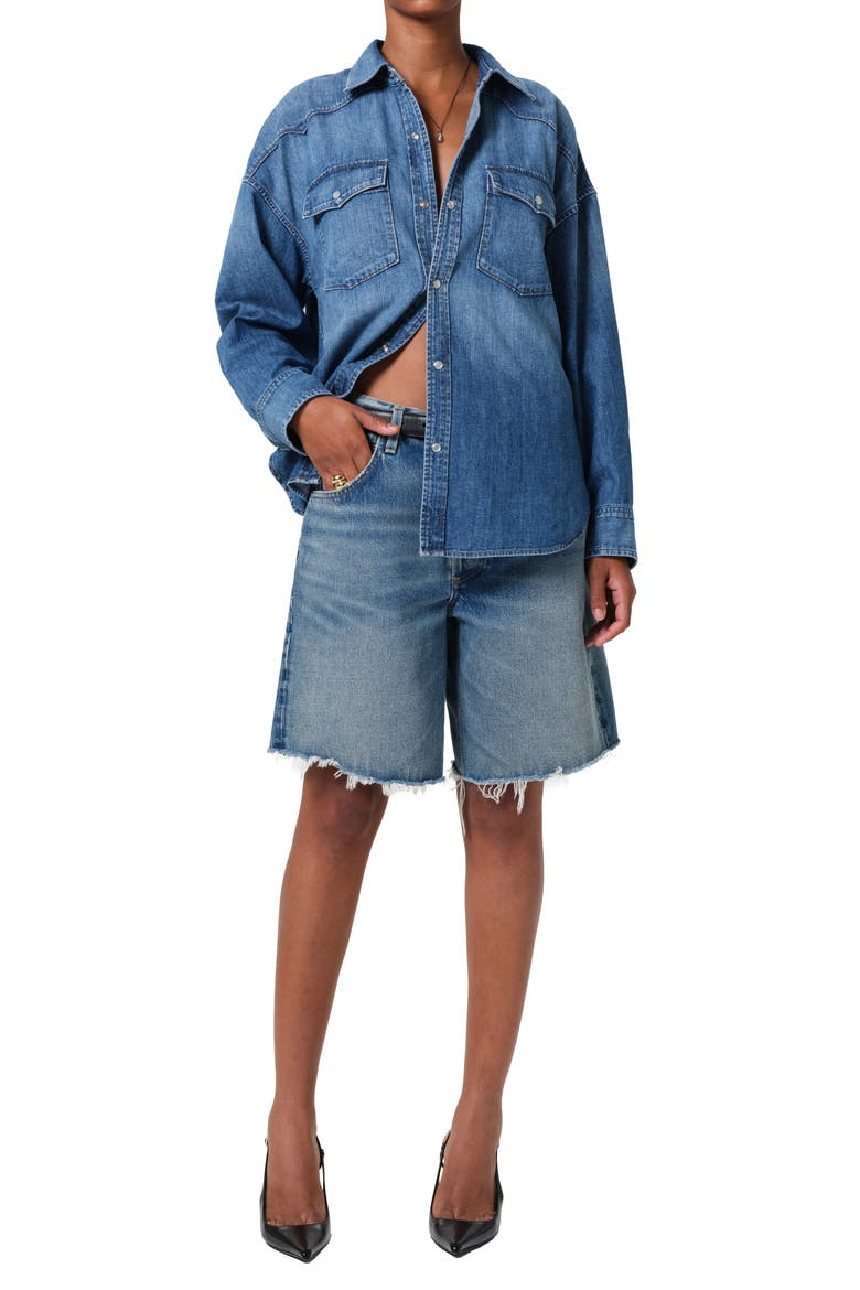 Ayla High Waist Raw Hem Cutoff Denim Bermuda Shorts, Alternate, color, BABYLONIA
