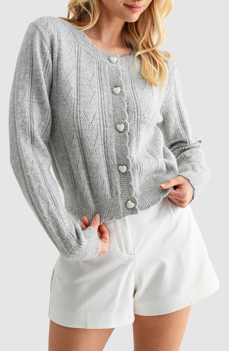 Lush Heart Button Pointelle Cardigan, Main, color, Light Grey