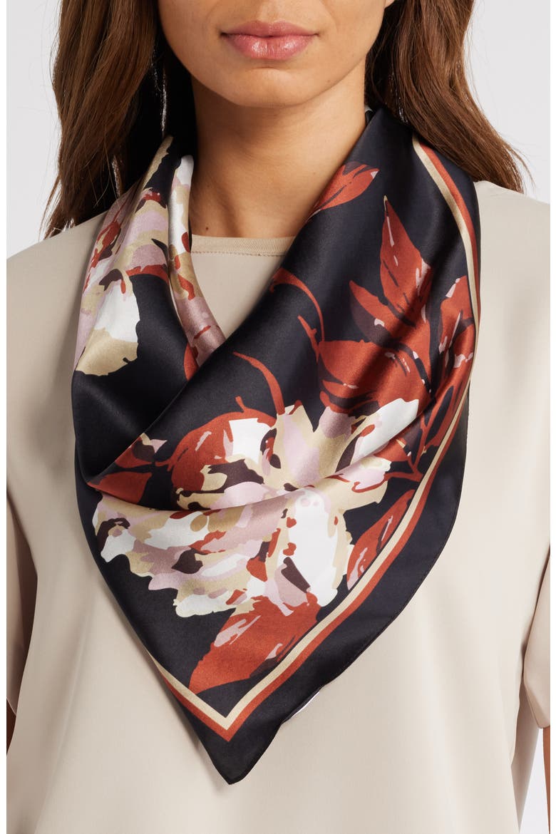 Print Square Silk Scarf, Main, color, BLACK- PINK PAYTON PEONY