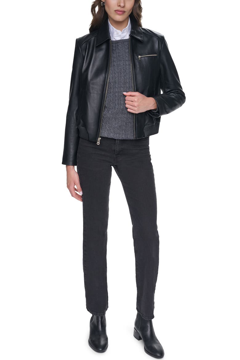 Leather Bomber Jacket, Alternate, color, BLACK