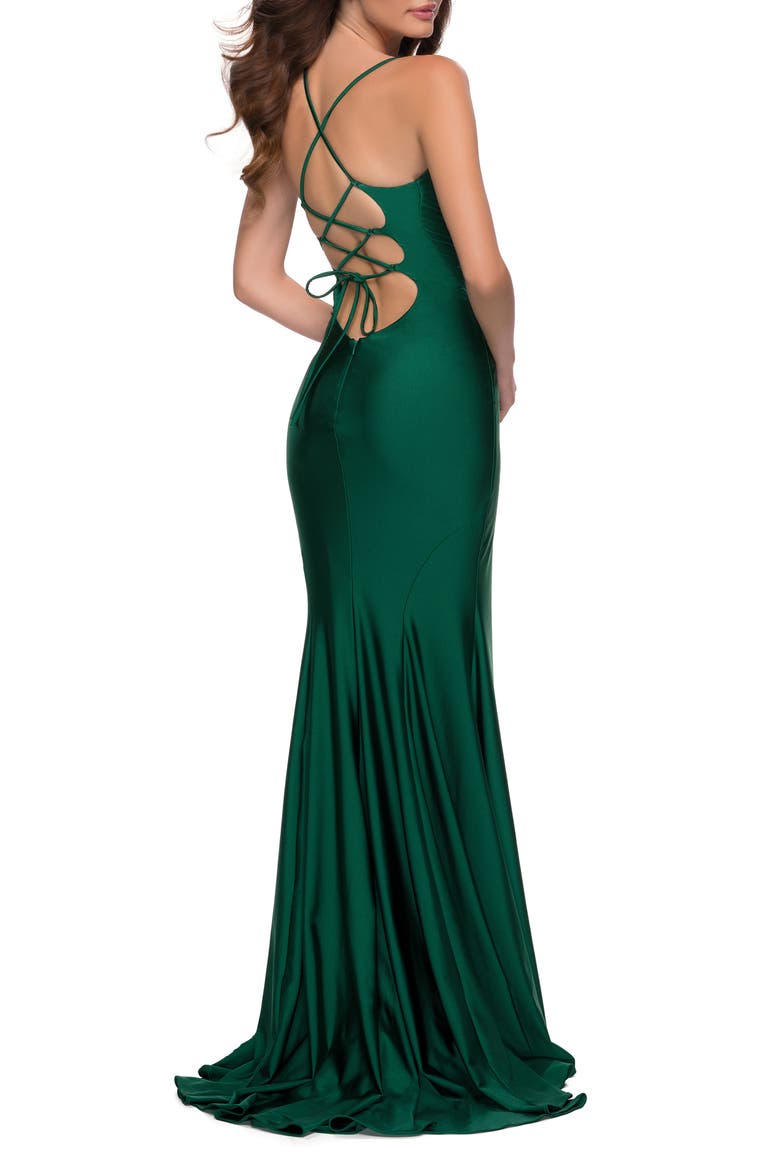 V Neck Jersey Fitted Prom Dress with Tie Up Back, Alternate, color, EMERALD