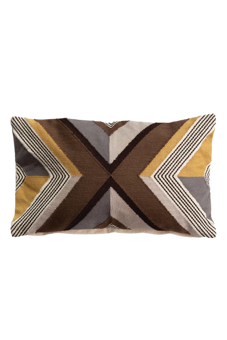 Cotton Embroidered Lumbar Pillow with Line Design, Multicolor, Main, color, Brown