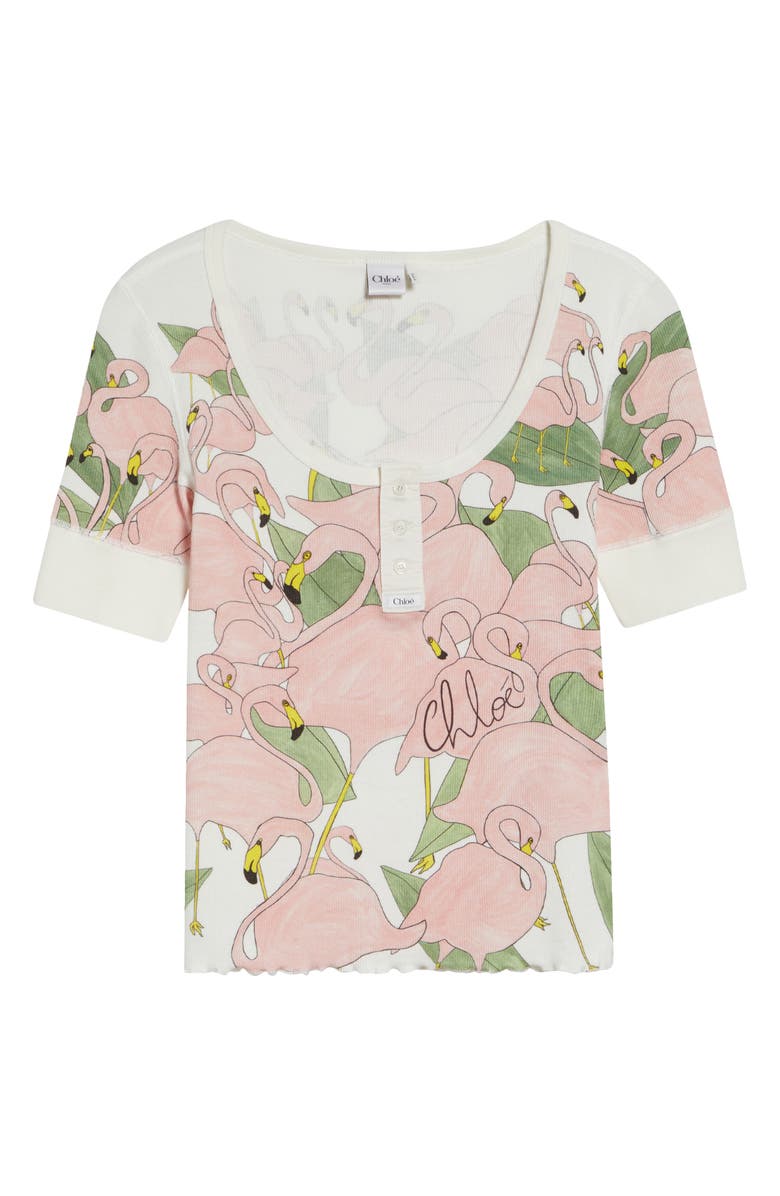 Chloé Flamingo Print Rib Jersey Henley, Alternate, color, Iconic Milk