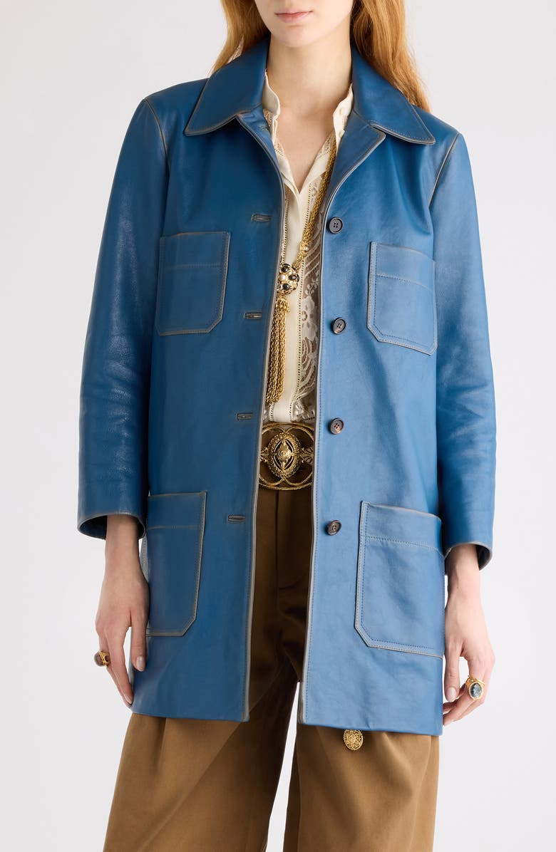 Chloé Patine Leather Car Coat, Main, color, Stellar Blue
