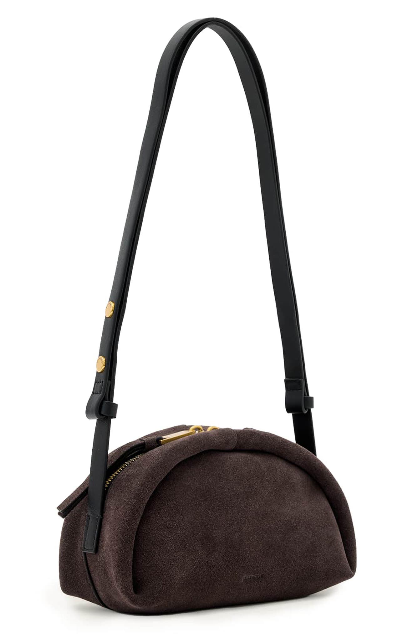 AllSaints Rosalie Arc Suede Crossbody Bag, Alternate, color, Burnt Umber Red