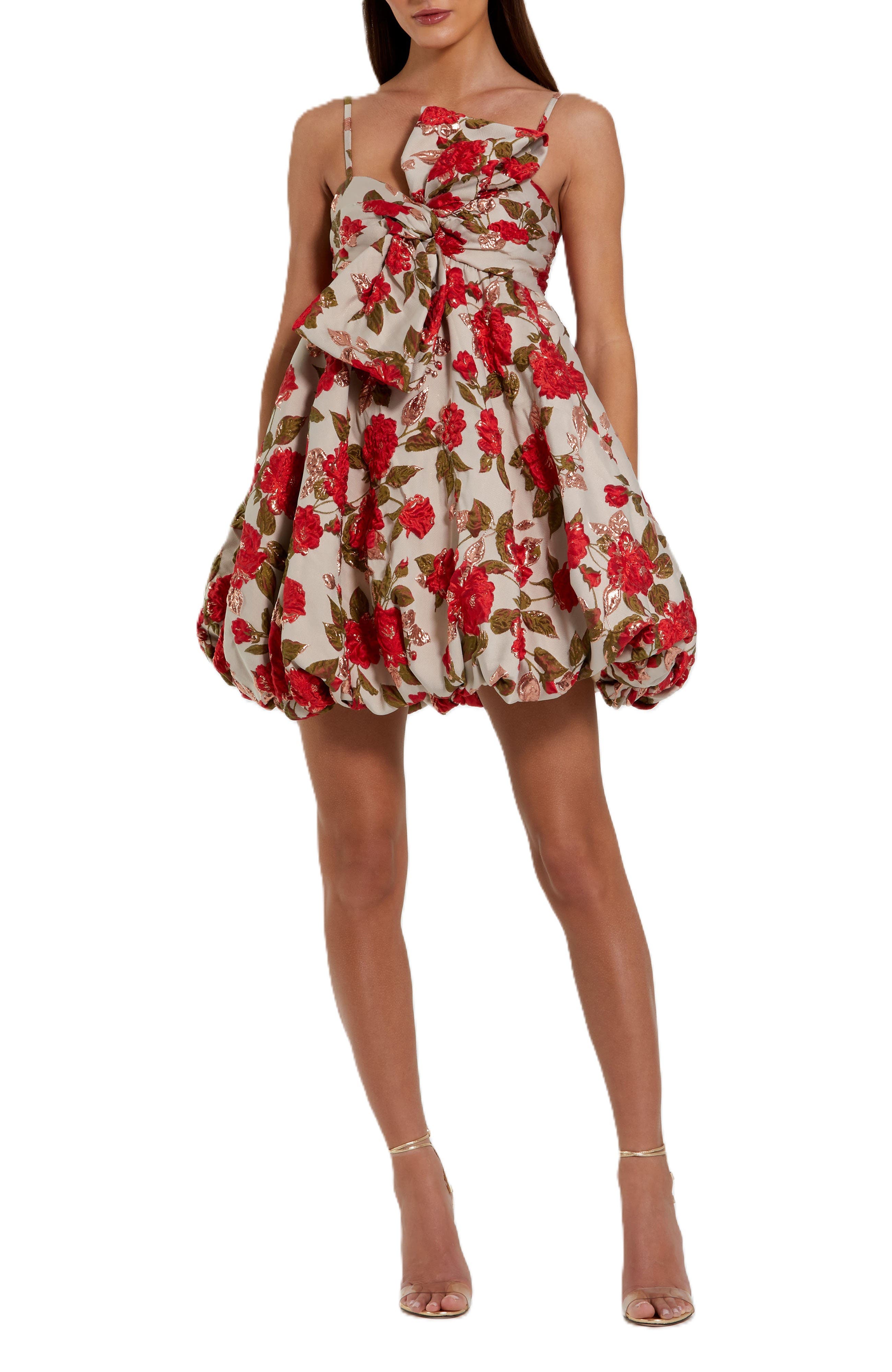 Brocade Thin Strap Puff Mini Dress With Bow