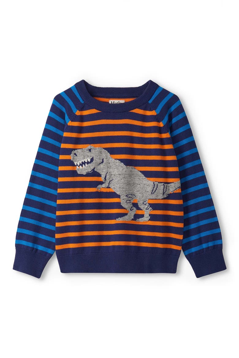 Kids' Stripe Intarsia Dinosaur Crewneck Sweater, Main, color, BLUE