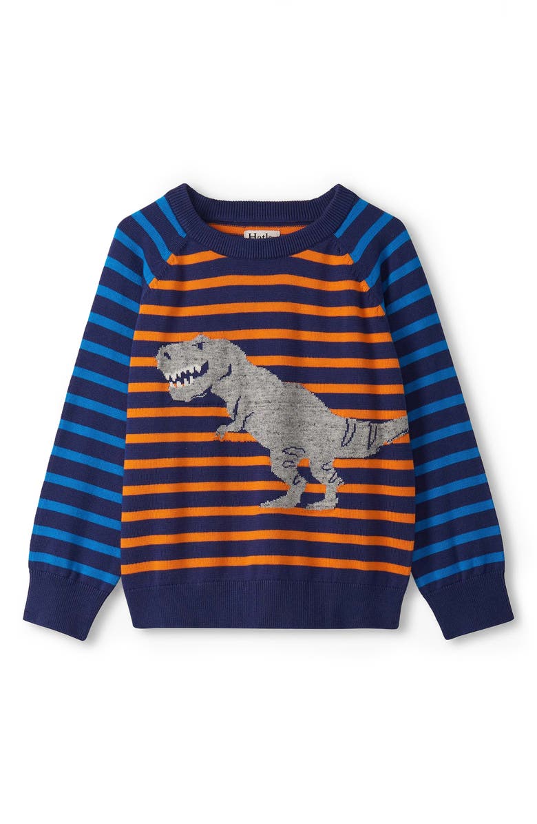 Hatley Kids' Stripe Intarsia Dinosaur Crewneck Sweater, Main, color, Blue
